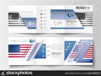 Set of business templates for tri-fold brochures. Square design. Leaflet cover, abstract flat layout, easy editable blank. Patriot Day background with american flag, vector illustration.