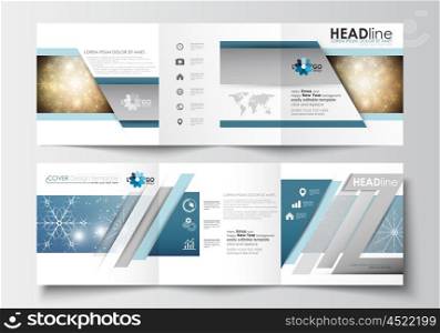 Set of business templates for tri-fold brochures. Square design. Leaflet cover, abstract flat layout, easy editable blank. Christmas decoration, vector background with shiny snowflakes and stars.