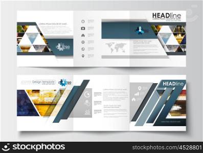 Set of business templates for tri-fold brochures. Square design. Leaflet cover, abstract flat layout, easy editable blank. Abstract multicolored background of nature landscapes, geometric triangular style, vector illustration