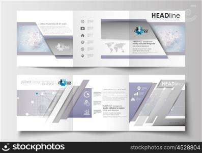 Set of business templates for tri-fold brochures. Square design. Leaflet cover, abstract flat layout, easy editable blank. Molecule structure on blue background. Science healthcare background, medical vector.
