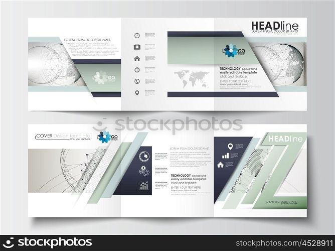 Set of business templates for tri-fold brochures. Square design. Leaflet cover, abstract flat layout, easy editable blank. Dotted world globe with construction and polygonal molecules on gray background, vector illustration