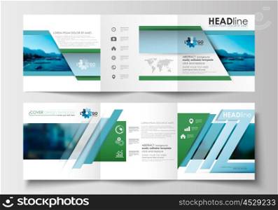 Set of business templates for tri-fold brochures. Square design. Leaflet cover, abstract flat style travel decoration layout, easy editable vector template, colorful blurred natural landscape