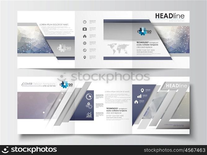 Set of business templates for tri-fold brochures. Square design. Leaflet cover, abstract flat layout, easy editable blank. DNA molecule structure on blue background. Scientific research, medical technology.