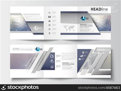Set of business templates for tri-fold brochures. Square design. Leaflet cover, abstract flat layout, easy editable blank. DNA molecule structure on blue background. Scientific research, medical technology.