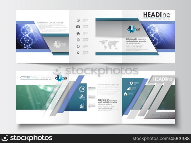 Set of business templates for tri-fold brochures. Square design. Leaflet cover, abstract flat layout, easy editable blank. DNA molecule structure, science background. Scientific research, medical technology