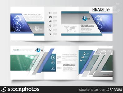 Set of business templates for tri-fold brochures. Square design. Leaflet cover, abstract flat layout, easy editable blank. DNA molecule structure, science background. Scientific research, medical technology
