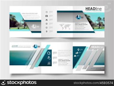 Set of business templates for tri-fold brochures. Square design. Leaflet cover, abstract flat style travel decoration layout, easy editable vector template, colorful blurred natural landscape