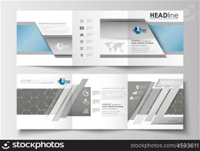 Set of business templates for tri-fold brochures. Square design. Leaflet cover, abstract flat layout, easy editable blank. Scientific medical research, chemistry pattern, hexagonal design molecule structure, science vector background.