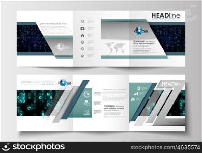 Set of business templates for tri-fold brochures. Square design. Leaflet cover, abstract flat layout, easy editable vector. Virtual reality, color code streams glowing on screen, abstract technology background with symbols.