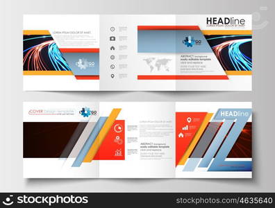 Set of business templates for tri-fold brochures. Square design. Leaflet cover, abstract flat layout, easy editable blank. Abstract lines background with color glowing neon streams, motion design vector.