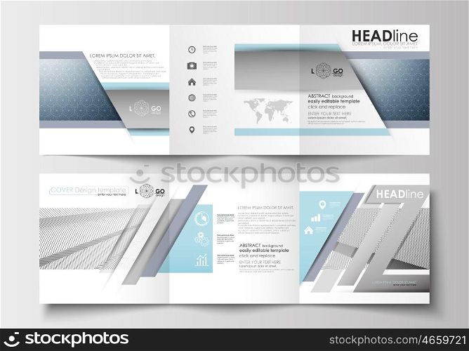 Set of business templates for tri-fold brochures. Square design. Leaflet cover, abstract flat layout, easy editable blank. Abstract blue or gray business pattern with lines, modern stylish vector texture.