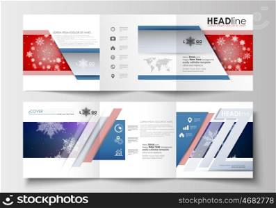 Set of business templates for tri-fold brochures. Square design. Leaflet cover, abstract flat layout, easy editable blank. Christmas decoration, vector background with shiny snowflakes.