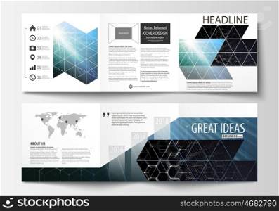 Set of business templates for tri-fold brochures. Square design. Leaflet cover, easy editable vector layout. Chemistry pattern, hexagonal molecule structure. Medicine, science and technology concept