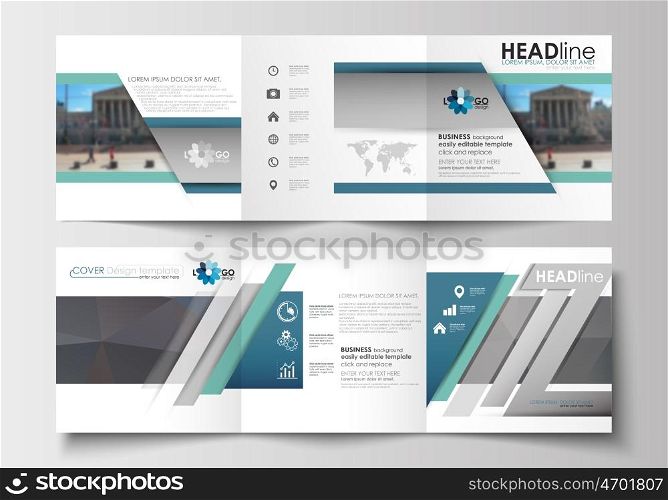 Set of business templates for tri-fold brochures. Square design. Leaflet cover, abstract flat layout, easy editable blank. Abstract business background, blurred image, urban landscape, modern stylish vector.