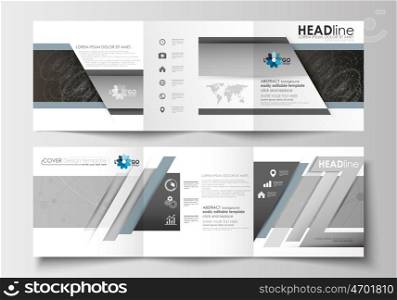 Set of business templates for tri-fold brochures. Square design. Leaflet cover, abstract flat layout, easy editable blank. Abstract 3D construction and polygonal molecules on gray background, scientific technology vector.