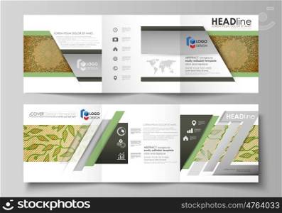 Set of business templates for tri fold brochures. Square design. Leaflet cover, abstract flat layout, easy editable vector. Abstract green color wooden design. Texture with leaves. Spa concept natural pattern in linear style. Vector decoration for fashion, cosmetics, beauty industry.