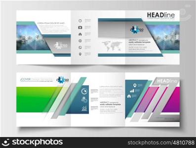 Set of business templates for tri-fold brochures. Square design. Leaflet cover, abstract flat layout, easy editable blank. Abstract triangles, blue triangular background, modern colorful polygonal vector.