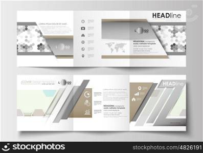Set of business templates for tri-fold brochures. Square design. Leaflet cover, flat layout, easy editable blank. Abstract gray color business background, modern stylish hexagonal vector texture.