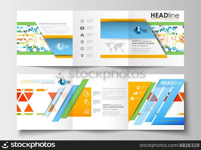 Set of business templates for tri-fold brochures. Square design. Leaflet cover, abstract flat layout, easy editable blank. Abstract triangles, triangular background, modern colorful polygonal vector.