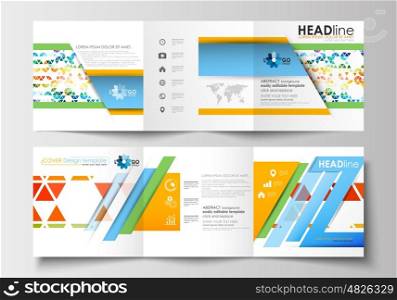 Set of business templates for tri-fold brochures. Square design. Leaflet cover, abstract flat layout, easy editable blank. Abstract triangles, triangular background, modern colorful polygonal vector.