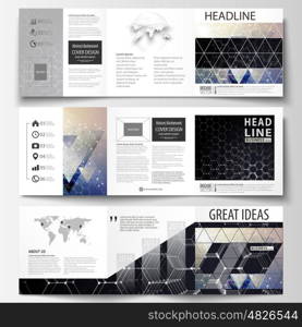 Set of business templates for tri-fold brochures. Square design. Leaflet cover, easy editable vector layout. Chemistry pattern, hexagonal molecule structure. Medicine, science and technology concept