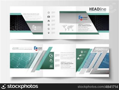 Set of business templates for tri-fold brochures. Square design. Leaflet cover, easy editable vector layout. Chemistry pattern, hexagonal molecule structure. Medicine, science and technology concept