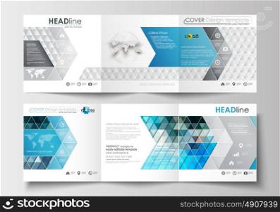 Set of business templates for tri-fold brochures. Square design. Leaflet cover, flat layout, easy editable blank. Abstract triangles, blue and gray triangular background, modern polygonal vector.. Set of business templates for tri-fold brochures. Square design. Leaflet cover, abstract flat layout, easy editable blank. Abstract triangles, blue and gray triangular background, modern polygonal vector