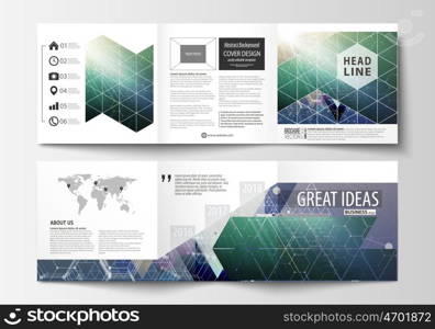 Set of business templates for tri fold brochures. Square design. Leaflet cover, abstract vector layout. Chemistry pattern, hexagonal molecule structure. Medicine, science, technology concept