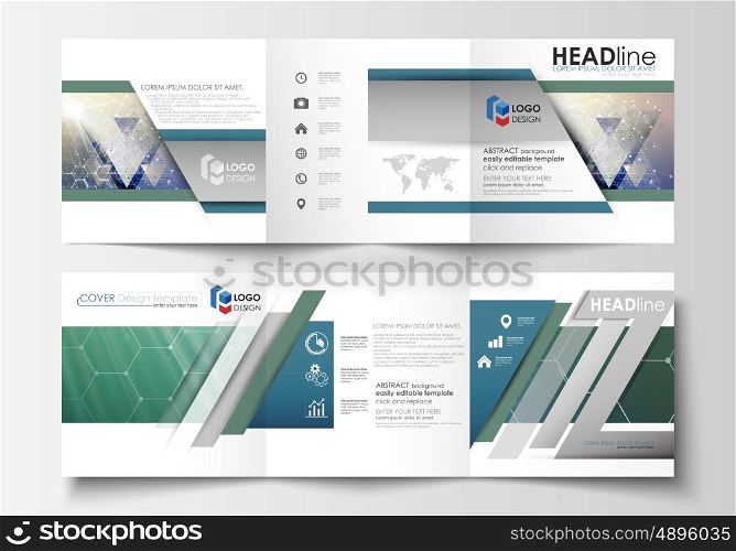 Set of business templates for tri fold brochures. Square design. Leaflet cover, abstract vector layout. Chemistry pattern, hexagonal molecule structure. Medicine, science, technology concept