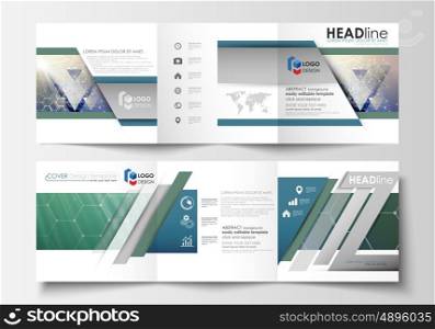Set of business templates for tri fold brochures. Square design. Leaflet cover, abstract vector layout. Chemistry pattern, hexagonal molecule structure. Medicine, science, technology concept