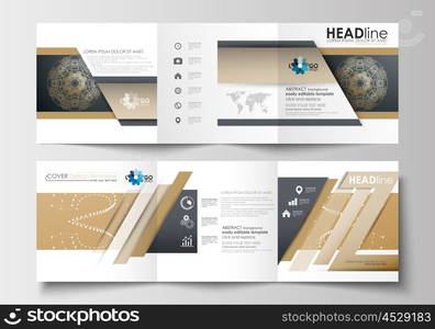 Set of business templates for tri-fold brochures. Square design. Leaflet cover, flat layout. Golden technology background, connection structure with connecting dots and lines, science vector.. Set of business templates for tri-fold brochures. Square design. Leaflet cover, abstract flat layout, easy editable blank. Golden technology background, connection structure with connecting dots and lines, science vector.