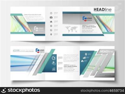 Set of business templates for tri fold square brochures. Leaflet cover, flat layout, easy editable vector. Colorful background with abstract waves, lines. Bright color curves. Motion design