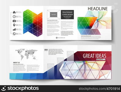 Set of business templates for tri fold square brochures. Leaflet cover, flat layout, easy editable vector. Colorful design background with abstract shapes and waves, overlap effect