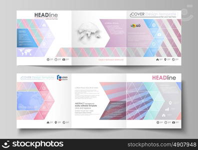 Set of business templates for tri fold square brochures. Leaflet cover, abstract flat layout, easy editable vector. Sweet pink and blue decoration, pretty romantic design, cute candy background.. Set of business templates for tri fold square design brochures. Leaflet cover, abstract flat layout, easy editable vector. Sweet pink and blue decoration, pretty romantic design, cute candy background.