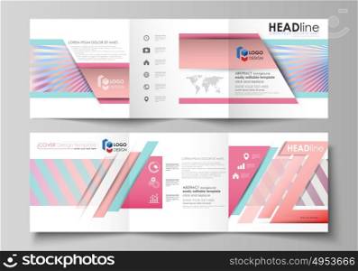 Set of business templates for tri fold square brochures. Leaflet cover, abstract flat layout, easy editable vector. Sweet pink and blue decoration, pretty romantic design, cute candy background.. Set of business templates for tri fold square design brochures. Leaflet cover, abstract flat layout, easy editable vector. Sweet pink and blue decoration, pretty romantic design, cute candy background.