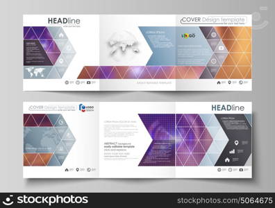 Set of business templates for tri fold square brochures. Leaflet cover, abstract flat layout, easy editable vector. Bright color colorful design, beautiful futuristic background.. Set of business templates for tri fold square design brochures. Leaflet cover, abstract flat layout, easy editable vector. Bright color colorful design, beautiful futuristic background.