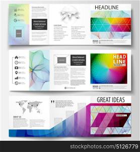 Set of business templates for tri fold square brochures. Leaflet cover, flat layout, easy editable vector. Colorful design background with abstract shapes and waves, overlap effect.. Set of business templates for tri fold square brochures. Leaflet cover, flat layout, easy editable vector. Colorful design background with abstract shapes and waves, overlap effect
