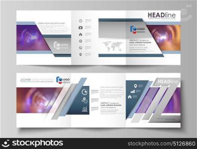 Set of business templates for tri fold square brochures. Leaflet cover, abstract flat layout, easy editable vector. Bright color colorful design, beautiful futuristic background.. Set of business templates for tri fold square design brochures. Leaflet cover, abstract flat layout, easy editable vector. Bright color colorful design, beautiful futuristic background.