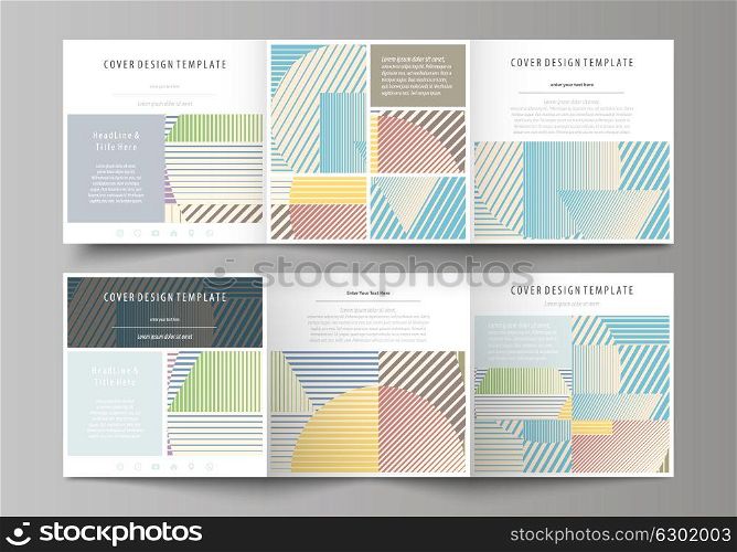 Set of business templates for tri fold square brochures. Leaflet cover, abstract flat layout, easy editable vector. Minimalistic design with lines, geometric shapes forming beautiful background.. Set of business templates for tri fold square design brochures. Leaflet cover, abstract flat layout, easy editable vector. Minimalistic design with lines, geometric shapes forming beautiful background.