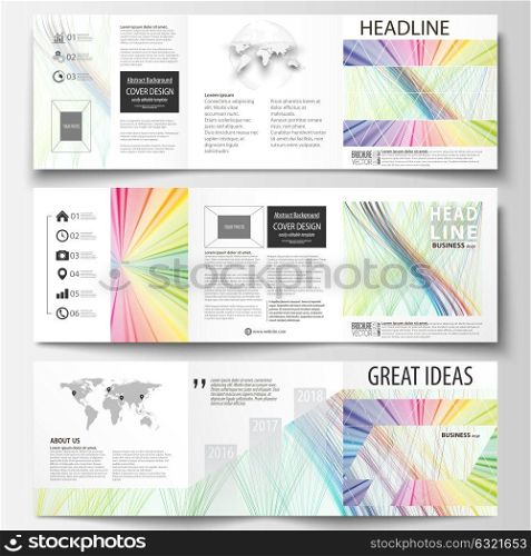 Set of business templates for tri fold square brochures. Leaflet cover, flat layout, easy editable vector. Colorful background with abstract waves, lines. Bright color curves. Motion design.. Set of business templates for tri fold square brochures. Leaflet cover, flat layout, easy editable vector. Colorful background with abstract waves, lines. Bright color curves. Motion design