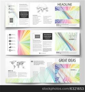 Set of business templates for tri fold square brochures. Leaflet cover, flat layout, easy editable vector. Colorful background with abstract waves, lines. Bright color curves. Motion design.. Set of business templates for tri fold square brochures. Leaflet cover, flat layout, easy editable vector. Colorful background with abstract waves, lines. Bright color curves. Motion design