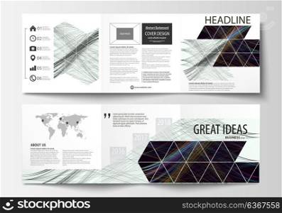 Set of business templates for tri fold square brochures. Leaflet cover, flat layout, easy editable vector. Abstract waves, lines, curves. Dark color background. Motion design.. Set of business templates for tri fold square brochures. Leaflet cover, flat layout, easy editable vector. Abstract waves, lines, curves. Dark color background. Motion design