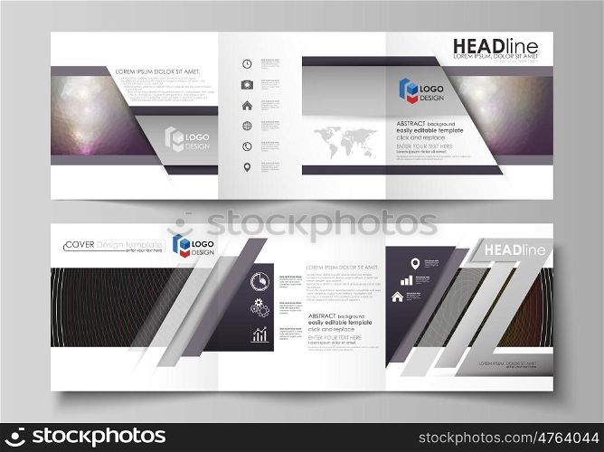 Set of business templates for tri fold square design brochures. Leaflet cover, abstract flat layout, easy editable vector. Dark color triangles and colorful circles. Abstract polygonal style modern background.