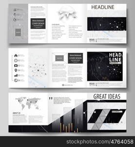 Set of business templates for tri fold square design brochures. Leaflet cover, abstract flat layout, easy editable vector. Abstract infographic background in minimalist style made from lines, symbols, charts, diagrams and other elements.