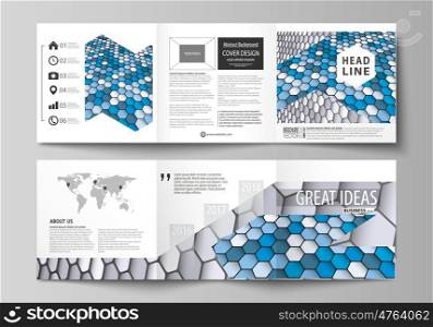 Set of business templates for tri fold square design brochures. Leaflet cover, abstract flat layout, easy editable vector. Blue and gray color hexagons in perspective. Abstract polygonal style modern background