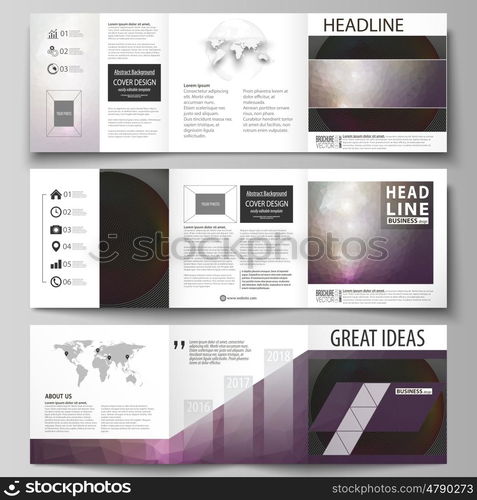 Set of business templates for tri fold square design brochures. Leaflet cover, abstract flat layout, easy editable vector. Dark color triangles and colorful circles. Abstract polygonal style modern background.