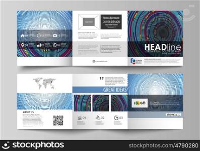 Set of business templates for tri fold square design brochures. Leaflet cover, abstract flat layout, easy editable vector. Blue color background in minimalist style made from colorful circles