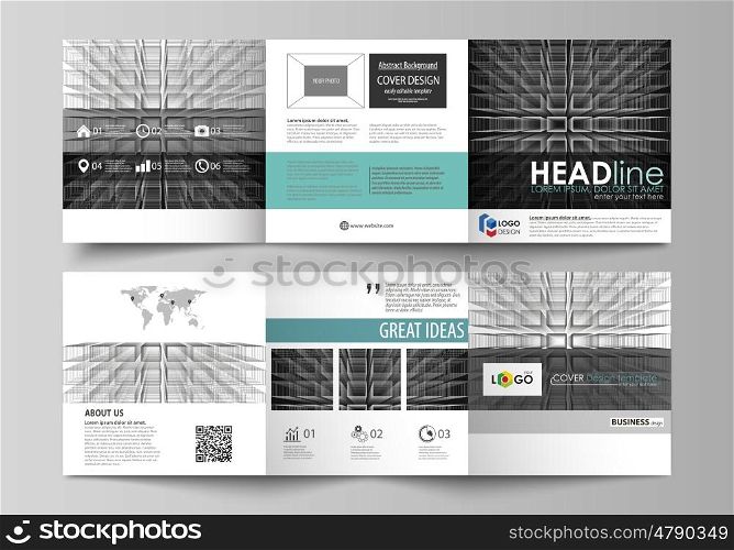 Set of business templates for tri fold square design brochures. Leaflet cover, abstract flat layout, easy editable vector. Abstract infinity background, 3d structure with rectangles forming illusion of depth and perspective.