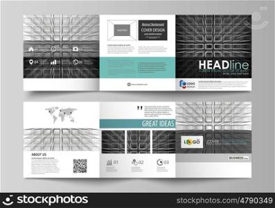 Set of business templates for tri fold square design brochures. Leaflet cover, abstract flat layout, easy editable vector. Abstract infinity background, 3d structure with rectangles forming illusion of depth and perspective.