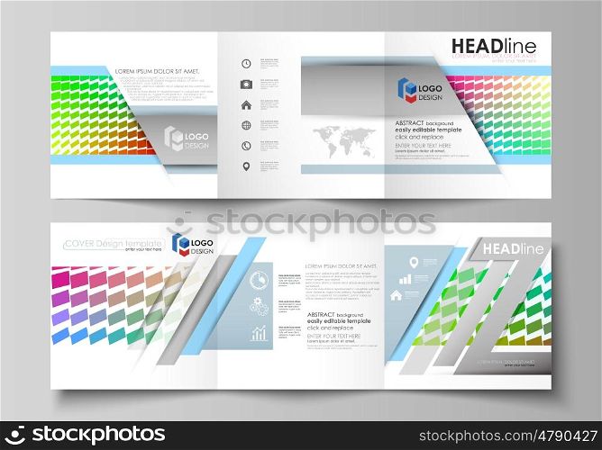 Set of business templates for tri fold square design brochures. Leaflet cover, abstract flat layout, easy editable vector. Colorful rectangles, moving dynamic shapes forming abstract polygonal style background.